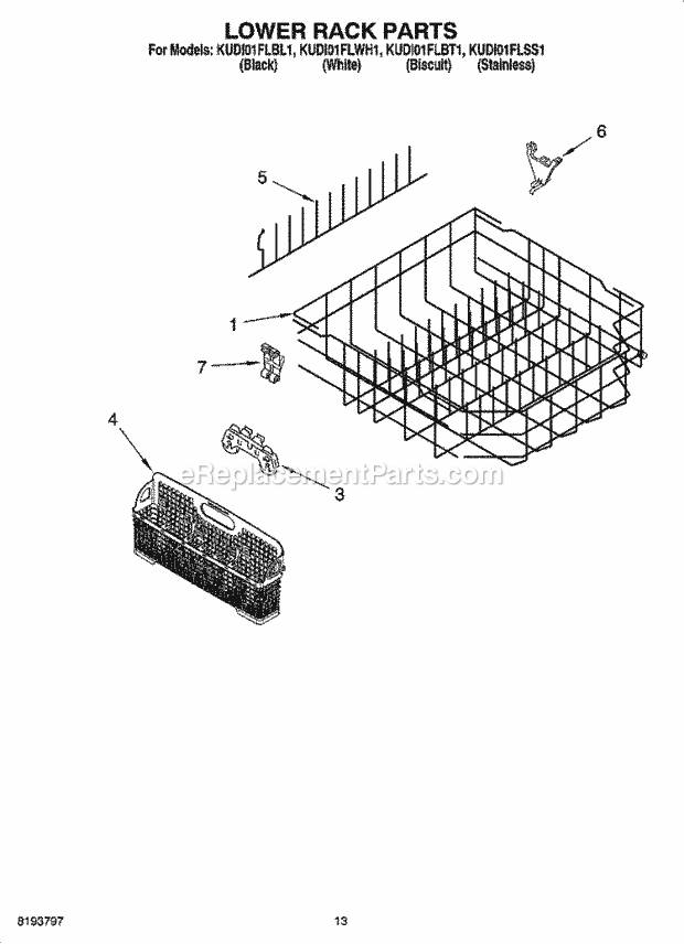 KitchenAid KUDI01FLBL1 Dishwasher Lower Rack Parts Diagram