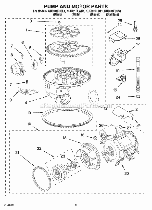 KitchenAid KUDI01FLBL1 Dishwasher Pump and Motor Parts Diagram