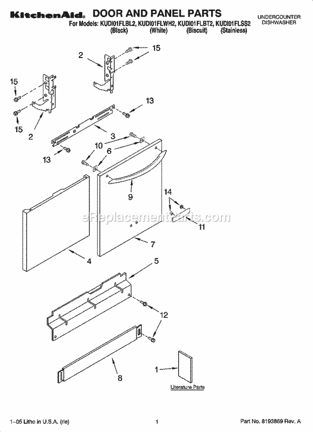 KitchenAid KUDI01FLBT2 Dishwasher Door and Panel Parts Diagram