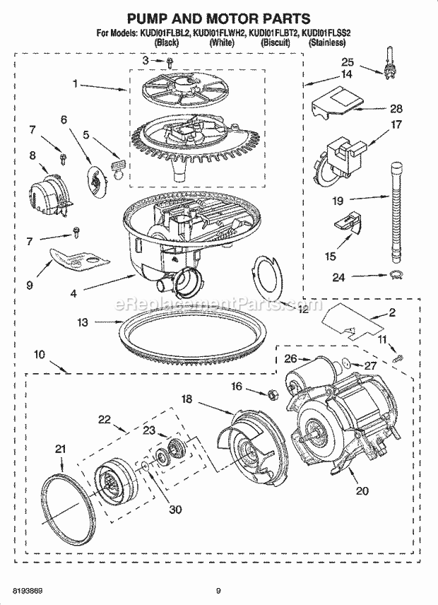 KitchenAid KUDI01FLBT2 Dishwasher Pump and Motor Parts Diagram