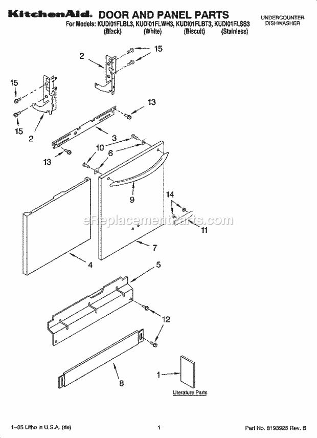 KitchenAid KUDI01FLBT3 Dishwasher Door and Panel Parts Diagram