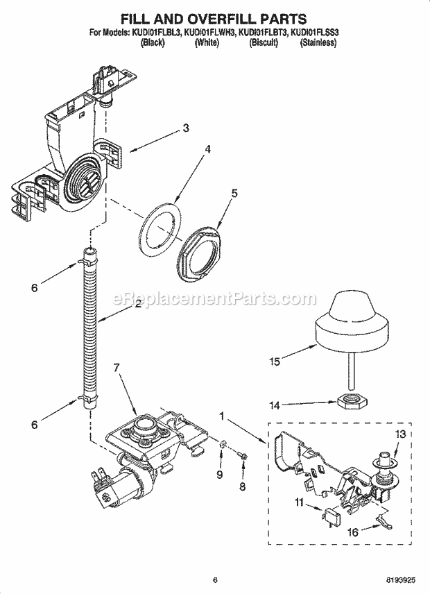 KitchenAid KUDI01FLBT3 Dishwasher Fill and Overfill Parts Diagram