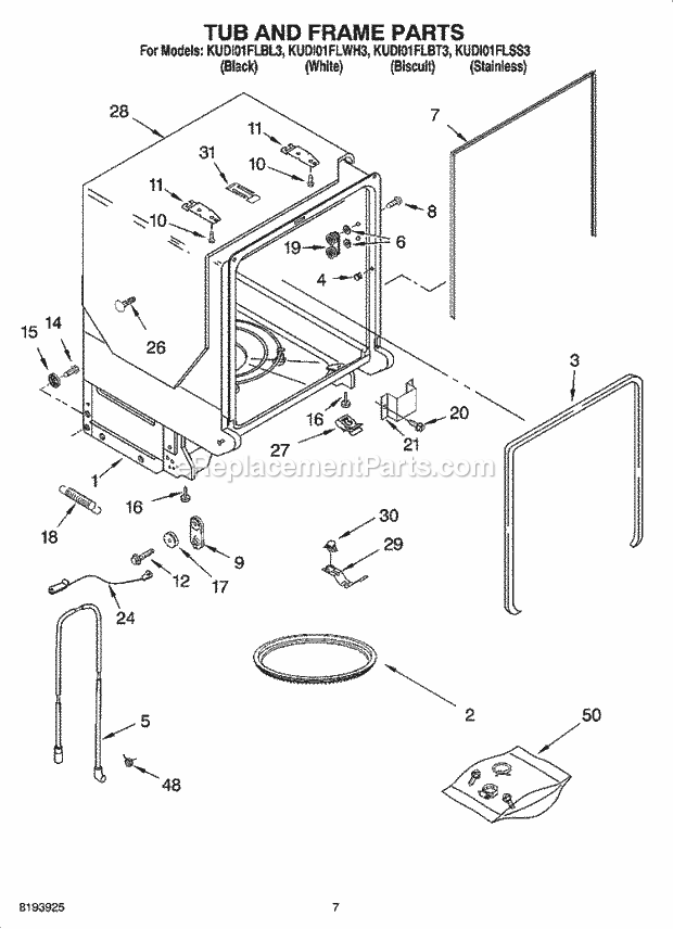 KitchenAid KUDI01FLBT3 Dishwasher Tub and Frame Parts Diagram