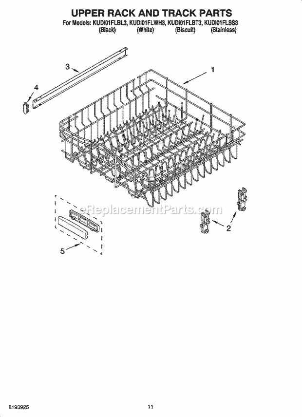 KitchenAid KUDI01FLSS3 Dishwasher Upper Rack and Track Parts Diagram