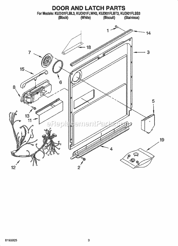 KitchenAid KUDI01FLSS3 Dishwasher Door and Latch Parts Diagram