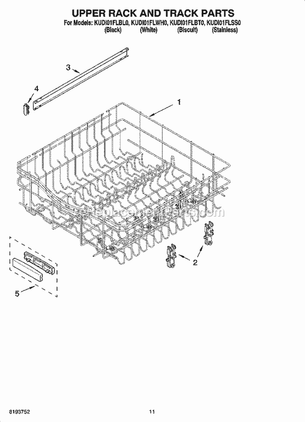 KitchenAid KUDI01FLWH0 Dishwasher Upper Rack and Track Parts Diagram