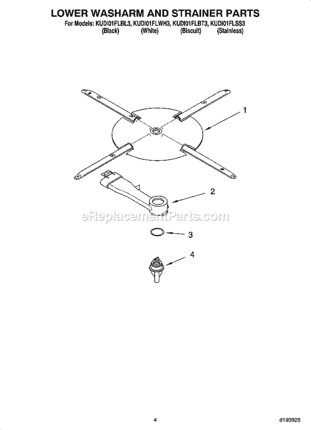 KitchenAid KUDI01FLWH3 Dishwasher Lower Washarm and Strainer Parts Diagram