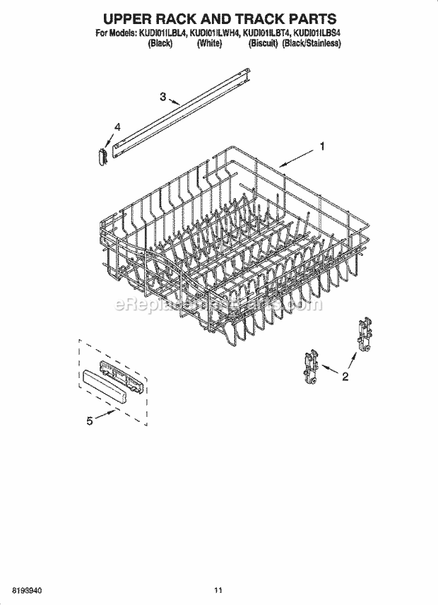 KitchenAid KUDI01ILBL4 Dishwasher Upper Rack and Track Parts Diagram