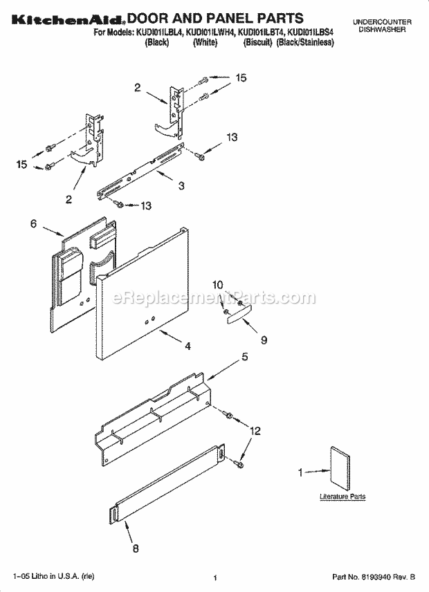 KitchenAid KUDI01ILBL4 Dishwasher Door and Panel Parts Diagram