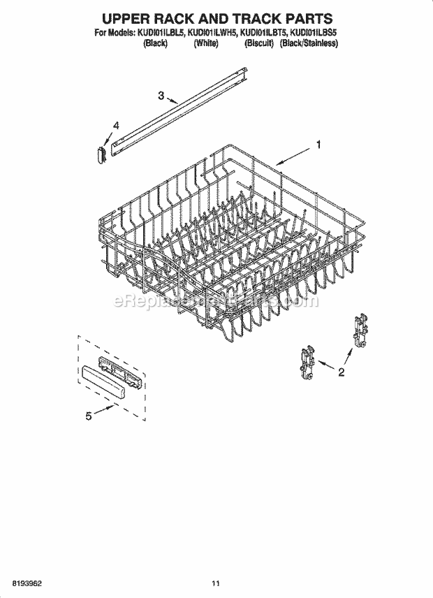 KitchenAid KUDI01ILBS5 Dishwasher Upper Rack and Track Parts Diagram