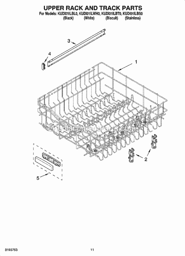 KitchenAid KUDI01ILBT0 Dishwasher Upper Rack and Track Parts Diagram