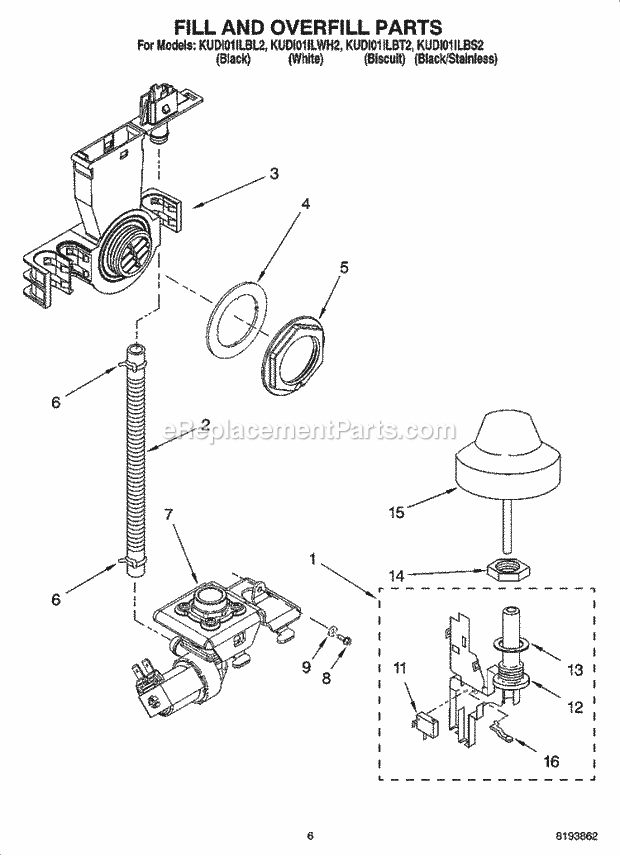 KitchenAid KUDI01ILBT2 Dishwasher Fill and Overfill Parts Diagram