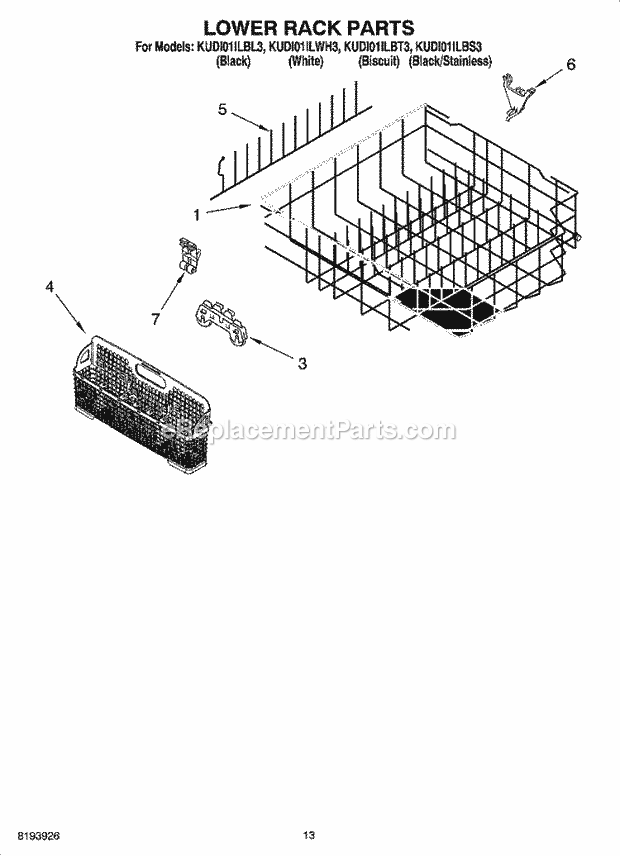 KitchenAid KUDI01ILBT3 Dishwasher Lower Rack Parts Diagram