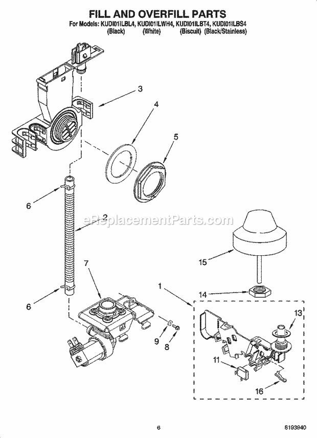 KitchenAid KUDI01ILBT4 Dishwasher Fill and Overfill Parts Diagram