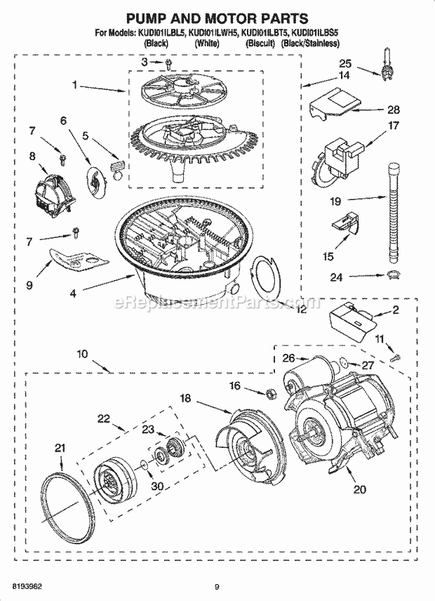 KitchenAid KUDI01ILBT5 Dishwasher Pump and Motor Parts Diagram
