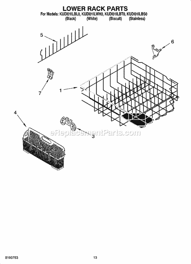 KitchenAid KUDI01ILWH0 Dishwasher Lower Rack Parts Diagram