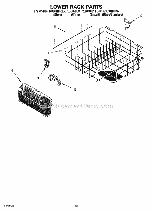 KitchenAid KUDI01ILWH2 Dishwasher Lower Rack Parts Diagram