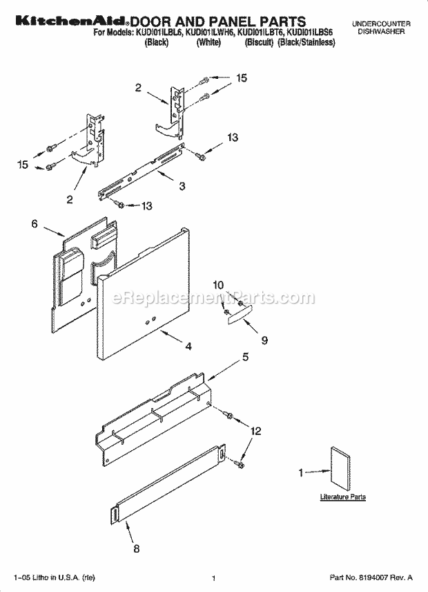 KitchenAid KUDI01ILWH6 Dishwasher Door and Panel Parts Diagram