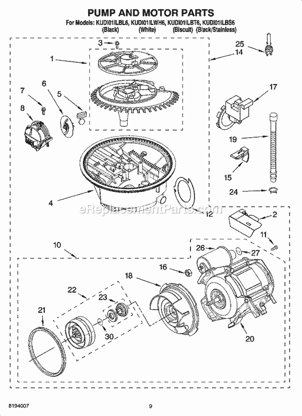 KitchenAid KUDI01ILWH6 Dishwasher Pump and Motor Parts Diagram