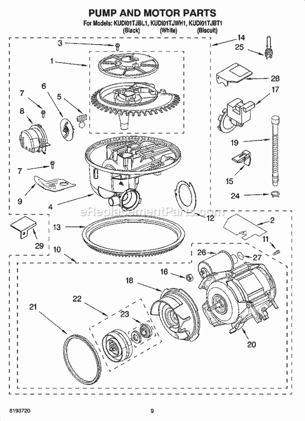 KitchenAid KUDI01TJBT1 Dishwasher Pump and Motor Parts Diagram