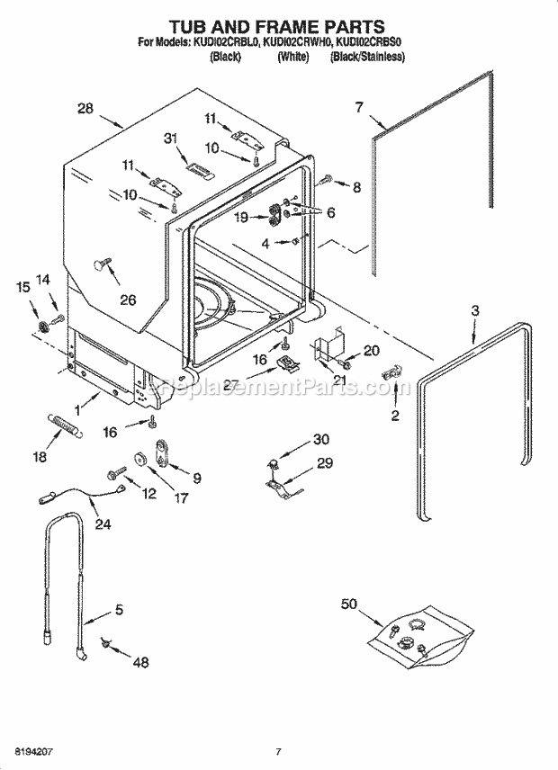 KitchenAid KUDI02CRBL0 Dishwasher Tub and Frame Parts Diagram