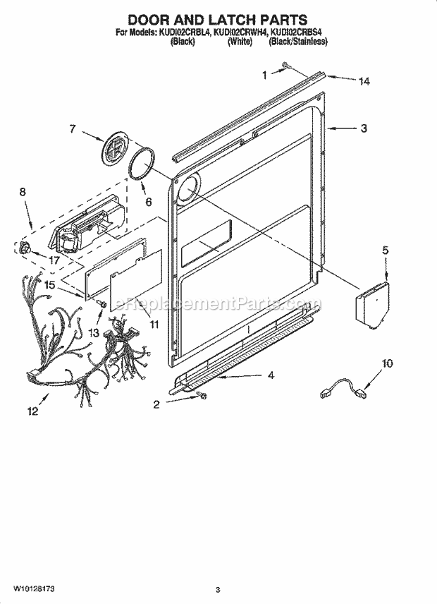 KitchenAid KUDI02CRBL4 Dishwasher Door and Latch Parts Diagram