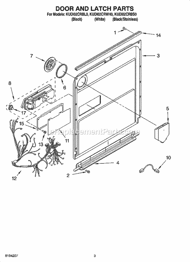 KitchenAid KUDI02CRBS0 Dishwasher Door and Latch Parts Diagram