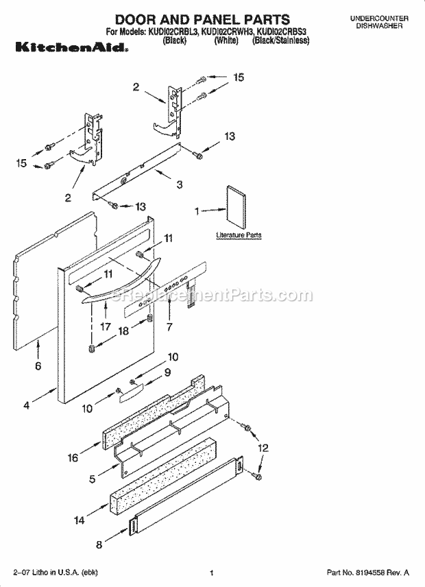 KitchenAid KUDI02CRBS3 Dishwasher Door and Panel Parts Diagram