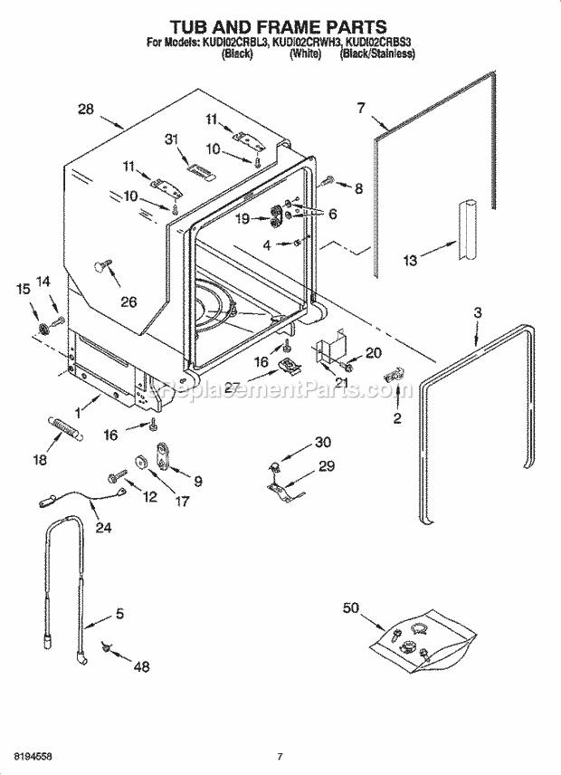 KitchenAid KUDI02CRBS3 Dishwasher Tub and Frame Parts Diagram