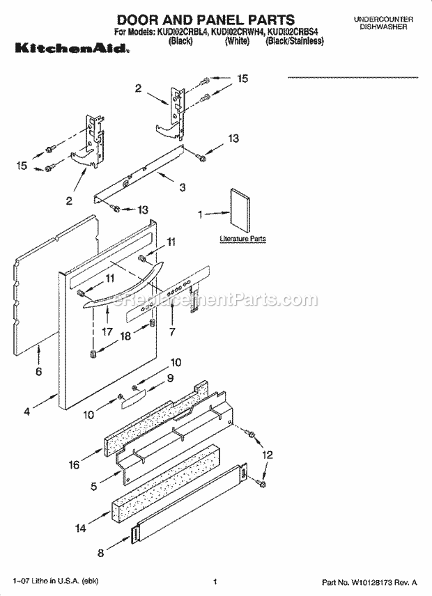 KitchenAid KUDI02CRBS4 Dishwasher Door and Panel Parts Diagram