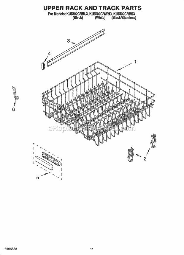 KitchenAid KUDI02CRWH3 Dishwasher Upper Rack and Track Parts Diagram