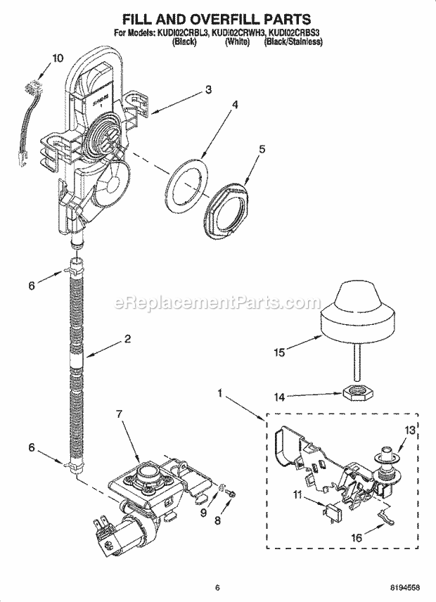 KitchenAid KUDI02CRWH3 Dishwasher Fill and Overfill Parts Diagram