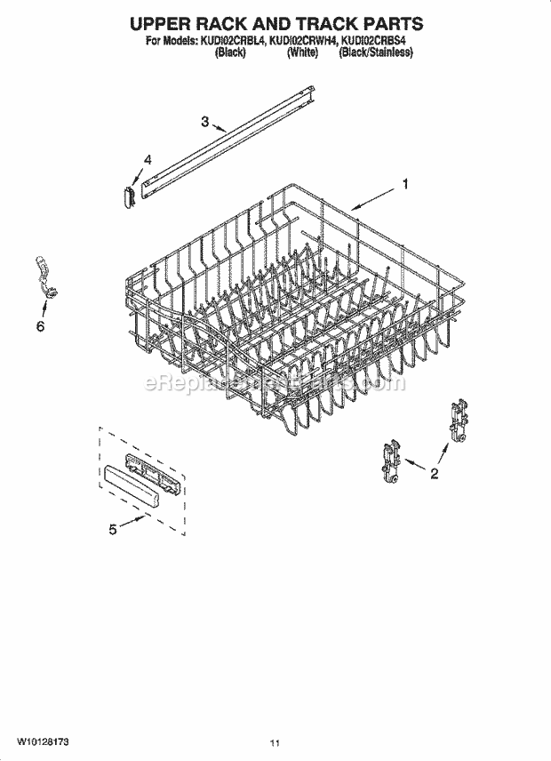 KitchenAid KUDI02CRWH4 Dishwasher Upper Rack and Track Parts Diagram