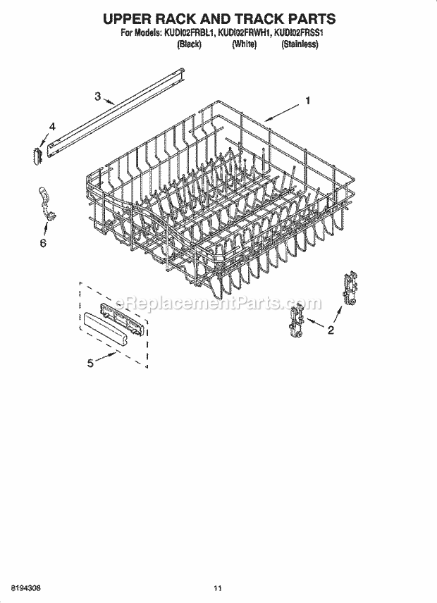 KitchenAid KUDI02FRWH1 Dishwasher Upper Rack and Track Parts Diagram