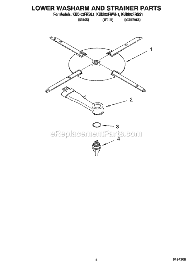 KitchenAid KUDI02FRWH1 Dishwasher Lower Washarm and Strainer Parts Diagram