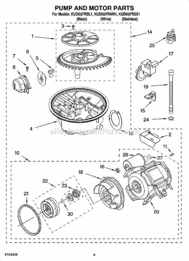 KitchenAid KUDI02FRWH1 Dishwasher Pump and Motor Parts Diagram