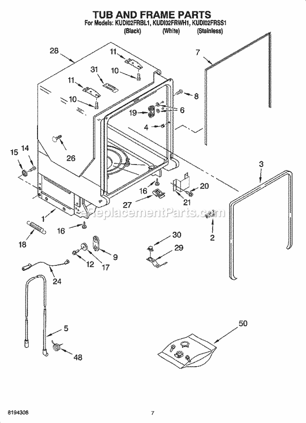 KitchenAid KUDI02FRWH1 Dishwasher Tub and Frame Parts Diagram