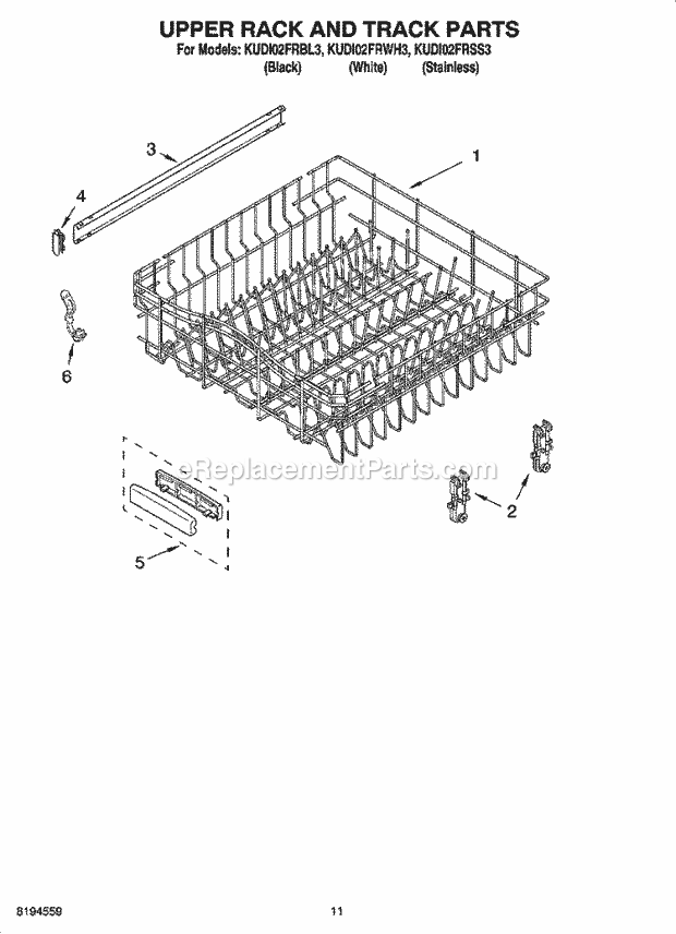 KitchenAid KUDI02FRWH3 Dishwasher Upper Rack and Track Parts Diagram