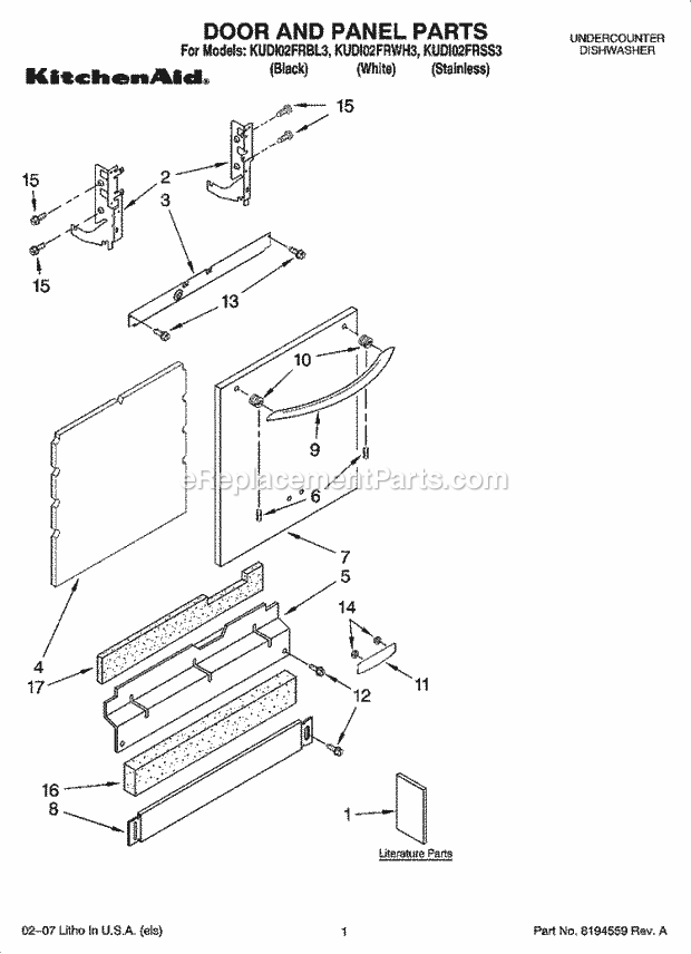 KitchenAid KUDI02FRWH3 Dishwasher Door and Panel Parts Diagram