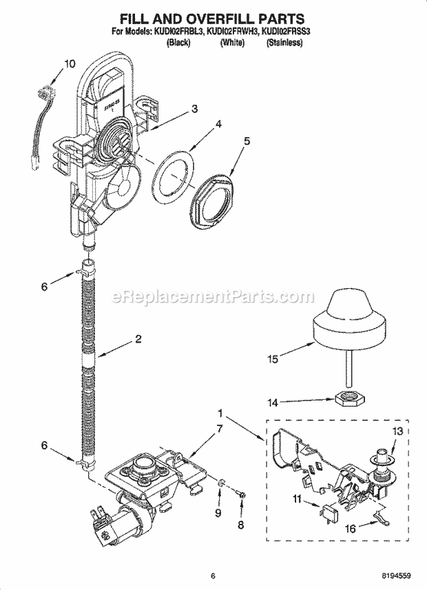 KitchenAid KUDI02FRWH3 Dishwasher Fill and Overfill Parts Diagram