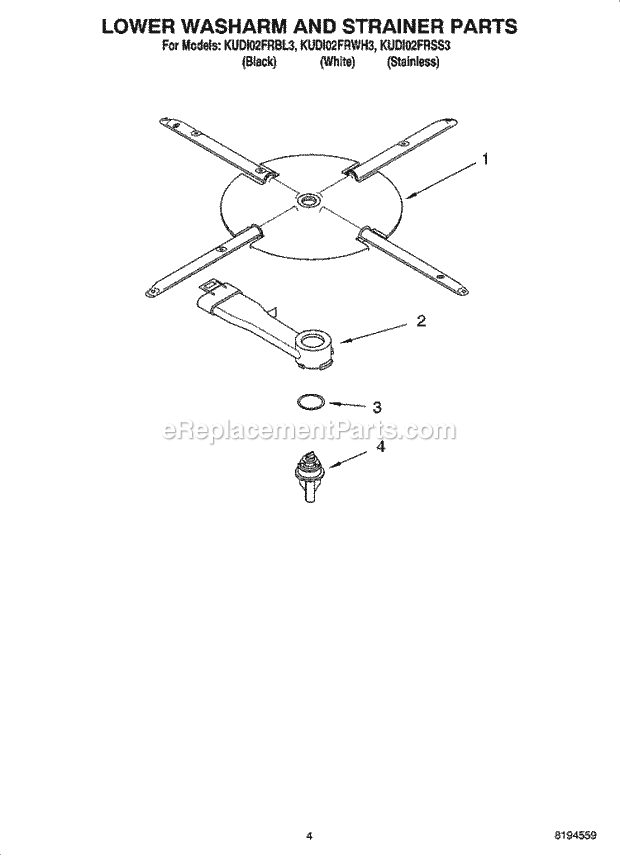 KitchenAid KUDI02FRWH3 Dishwasher Lower Washarm and Strainer Parts Diagram