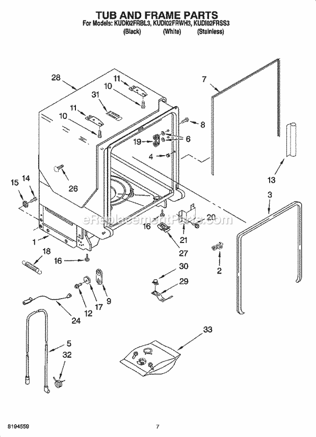 KitchenAid KUDI02FRWH3 Dishwasher Tub and Frame Parts Diagram