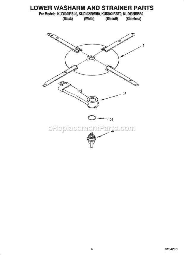 KitchenAid KUDI02IRBL0 Dishwasher Lower Washarm and Strainer Parts Diagram