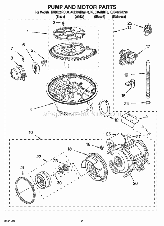 KitchenAid KUDI02IRBL0 Dishwasher Pump and Motor Parts Diagram