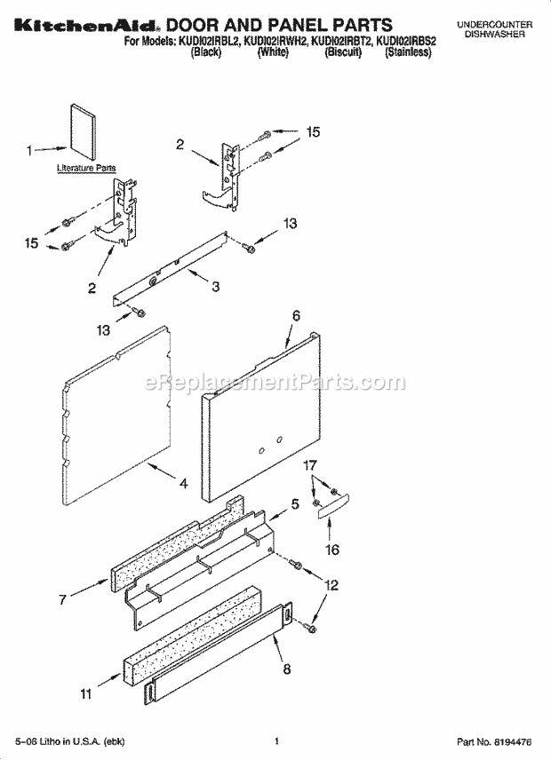 KitchenAid KUDI02IRBL2 Dishwasher Door and Panel Parts Diagram