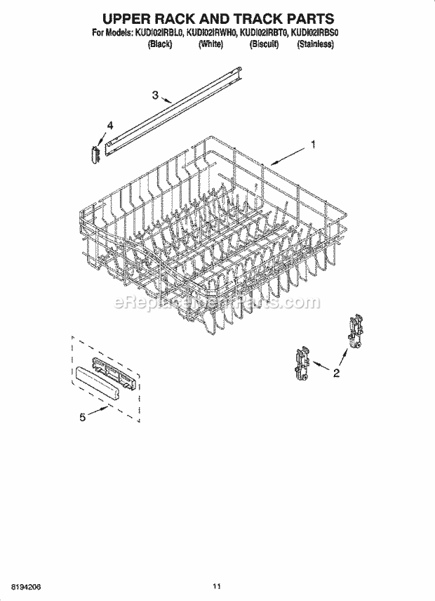 KitchenAid KUDI02IRBS0 Dishwasher Upper Rack and Track Parts Diagram