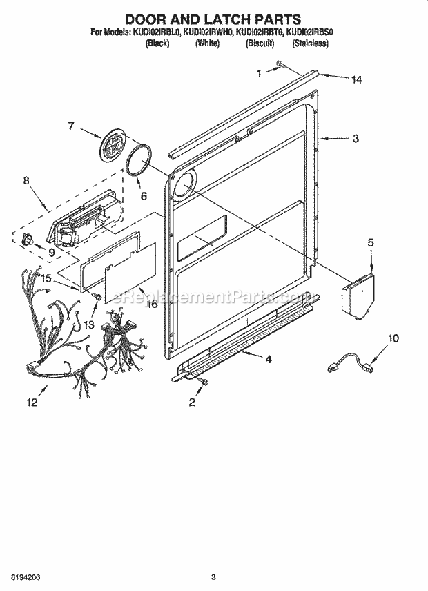 KitchenAid KUDI02IRBT0 Dishwasher Door and Latch Parts Diagram