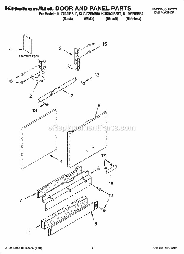 KitchenAid KUDI02IRBT0 Dishwasher Door and Panel Parts Diagram