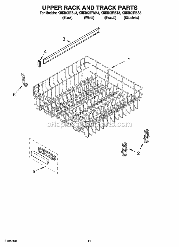 KitchenAid KUDI02IRBT3 Dishwasher Upper Rack and Track Parts Diagram