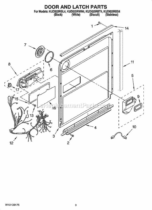 KitchenAid KUDI02IRWH4 Dishwasher Door and Latch Parts Diagram